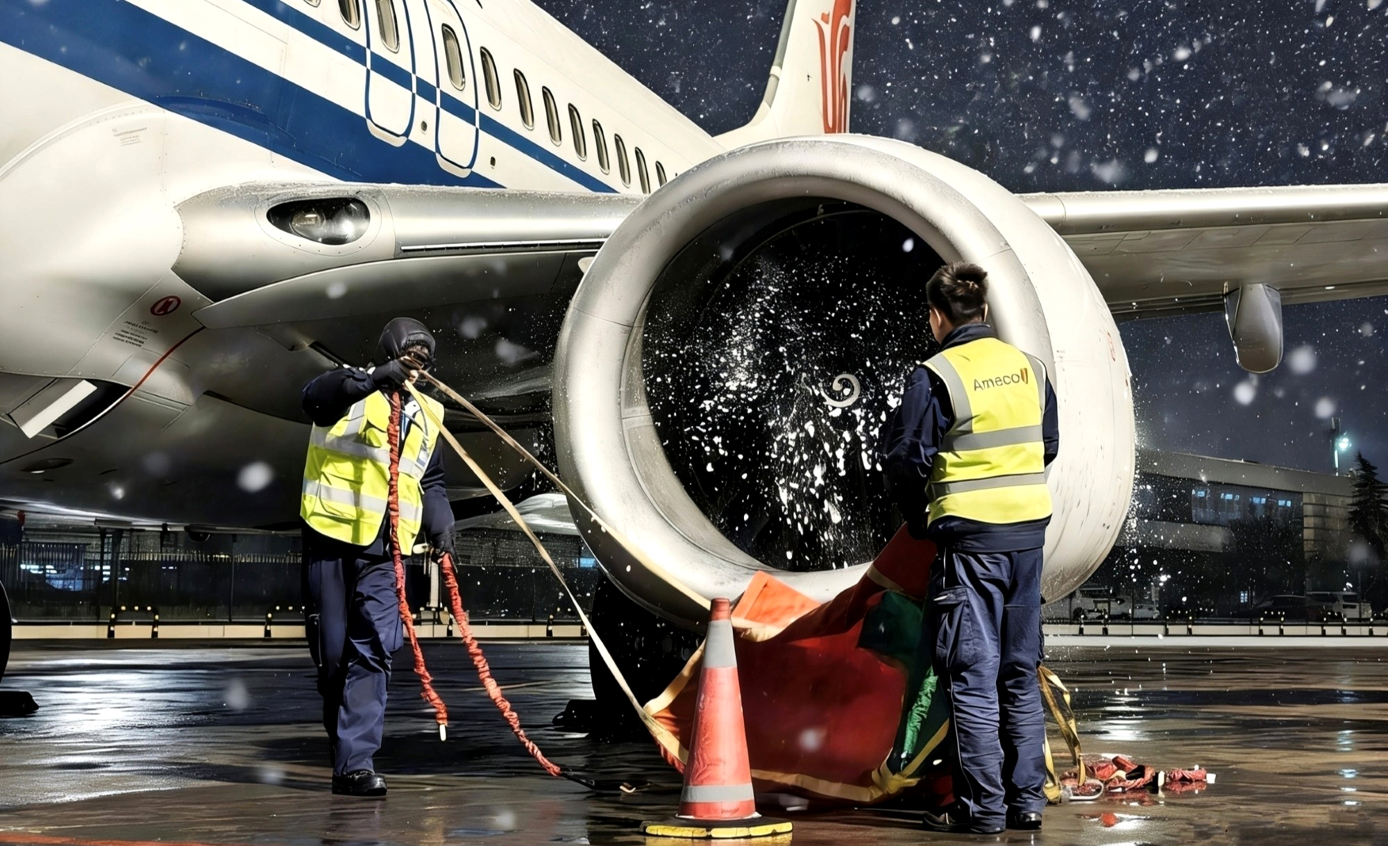 北京首都国际机场，中航集团工作人员取下飞机发动机布罩，有条不紊推进飞机航前各项准备工作。